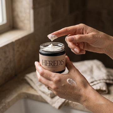 Hands scooping Heredis tallow lotion onto damp skin after a bath